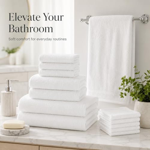 BIOLINEN White Towel Set 8 Piece Bathroom Set, 2 Bath Towels 2 Hand Towels 4 Washcloths, 100% Cotton Soft Absorbent Towel Sets for Bathroom Gym Spa