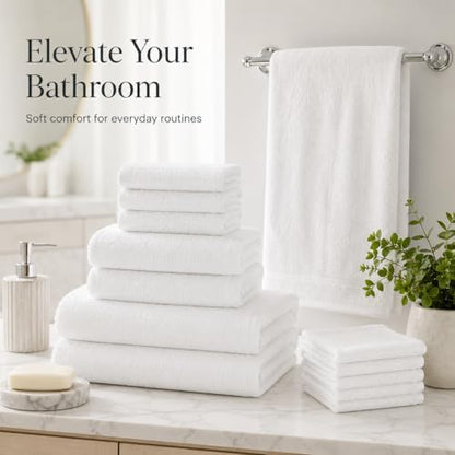 BIOLINEN White Towel Set 8 Piece Bathroom Set, 2 Bath Towels 2 Hand Towels 4 Washcloths, 100% Cotton Soft Absorbent Towel Sets for Bathroom Gym Spa