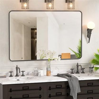 Antok 40x30 Black Metal Framed Bathroom Mirror, Wall Mirror with Round Corners, Vanity Mirror for Over Sink, Anti-Rust Tempered Glass, Horizontal/Vertical Hanging for Bathroom, Living Room, Entryway