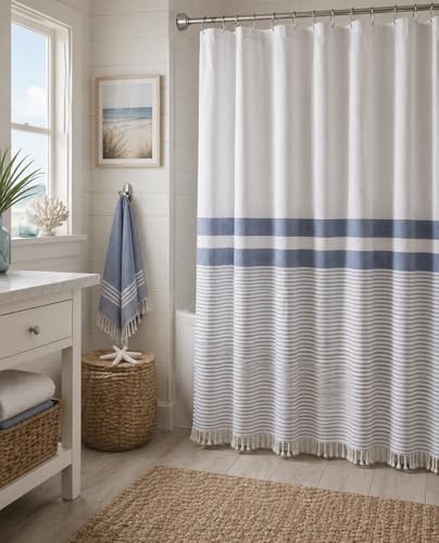 Serafina Home Nautical Striped Blue, Gray & White Cotton Shower Curtain