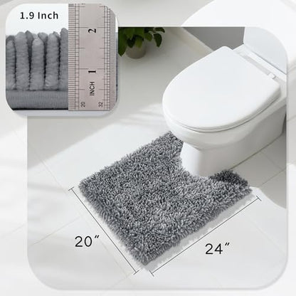 Yimobra Toilet Rugs U Shaped Washable, Extra Thick Soft Absorbent Chenille Contour Bathroom Rugs for Toilet 24x20 Inch, Quick Dry Non Slip Toilet Mat for Bath Floor, Silver