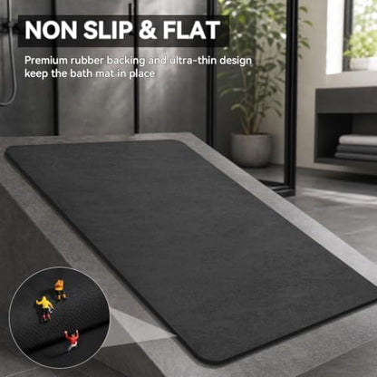 MontVoo -Bath Mat-Rubber Backing Non Slip Quick Dry Absorbent Thin Bathroom Rugs Fit Under Door-Faux Suede Surface Bathroom Floor Mats-Shower Rug for in Front of Bathtub Shower Dark Grey Rug Set