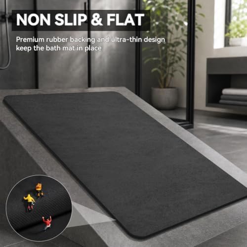 MontVoo -Bath Mat Rug-Rubber Backing Non Slip Quick Dry Absorbent Thin Bathroom Rugs Fit Under Door-Faux Suede Surface Bathroom Floor Mats-Shower Rug for in Front of Bathtub Shower Dark Grey 17"x59"