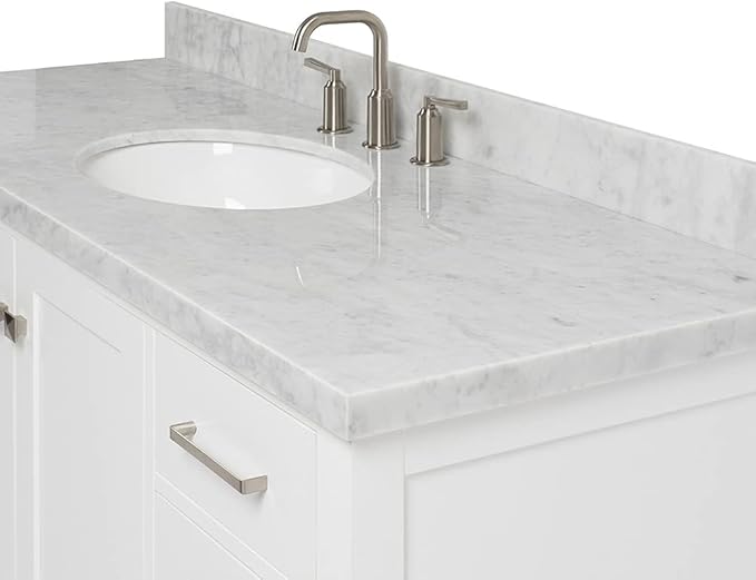 ARIEL Cambridge 54-inch Bathroom Vanity with Sink,Solid Wood, 1.5-inch Italian Carrara Marble Countertop & Backsplash, Single Oval Porcelain Sink, 2 Soft Closing Doors, 9 Dovetail Drawers, White