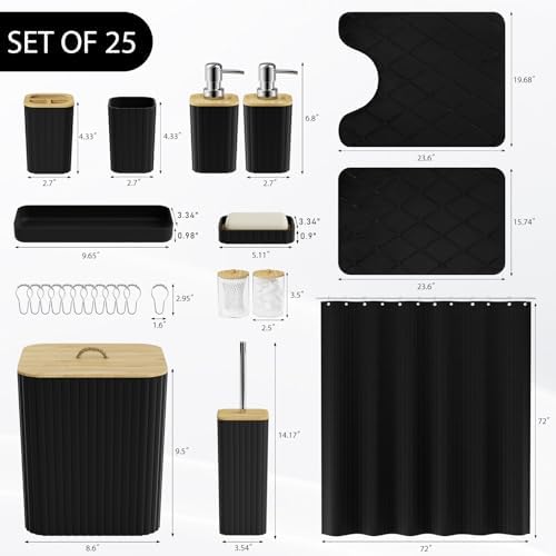 Bathroom Accessory Set - 25PC Bathroom Sets with Shower Curtain and Rugs, Black Bathroom Set, Bathroom Accessories Set, Shower Curtain Sets with Rugs, Bathroom Trash Can & Soap Dispenser