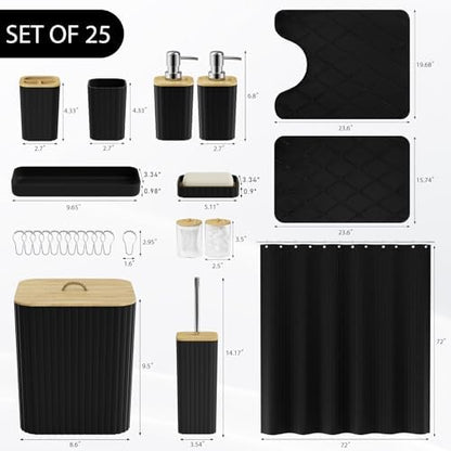 Bathroom Accessory Set - 25PC Bathroom Sets with Shower Curtain and Rugs, Black Bathroom Set, Bathroom Accessories Set, Shower Curtain Sets with Rugs, Bathroom Trash Can & Soap Dispenser