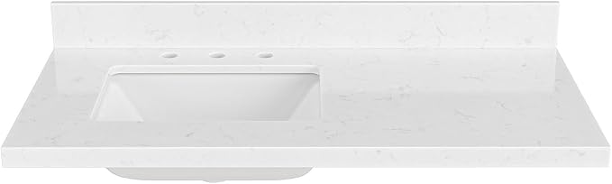 ARIEL 42 inch Bathroom Vanity top with Sink, 1.5 Inch Thick Miter Edge Carrara White Quartz top, Left Offset Vanity top with Rectangle Porcelain Sink, Includes Backsplash