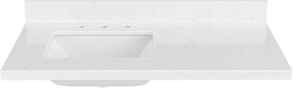 ARIEL 42 inch Bathroom Vanity top with Sink, 1.5 Inch Thick Miter Edge Carrara White Quartz top, Left Offset Vanity top with Rectangle Porcelain Sink, Includes Backsplash