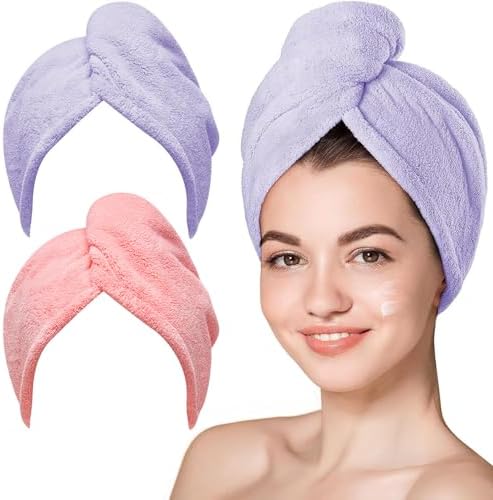 Hicober Microfiber Hair Towel Wrap for Women, Quick Dry,Purple Pink, 2-Pack