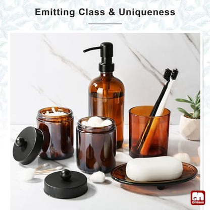 GMISUN Bathroom Accessories Set, 5 Pack Amber Glass Bath Accessory Sets Complete, Brown Soap Dispenser and Toothbrush Holder Bathroom Counter Sink Set with Labels, Rustic Modern Vintage Bathroom Decor