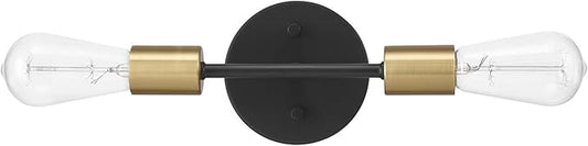 Globe Electric 52085 10" 2-Light Reversible Vanity Wall Light, Matte Black, Brass Accent Socket, Dimmable Lighting, E26 Open Socket, Beauty Room Accessories, Home Decor, Modern Lights for Bathroom
