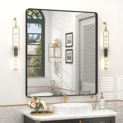 32x36 Inch Black Framed Bathroom Mirror for Wall, Matte Black Metal Frame Vanity Mirror, Rounded Corner Rectangle Bathroom Mirror, Anti-Rust, Shatterproof (Horizontal/Vertical) | Matte Black Metal Frame Vanity Mirror, Rounded Rectangle Bathroom Mirror,...