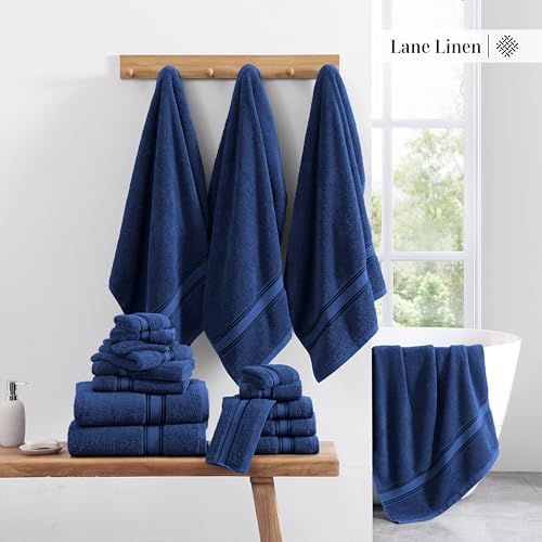 LANE LINEN Bath Towel Set Quick Dry 100% Cotton 3 Piece Soft - Navy