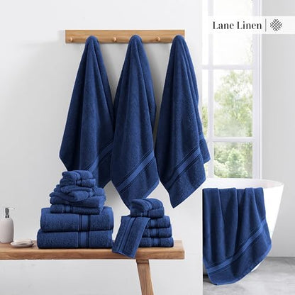 LANE LINEN Bath Towel Set Quick Dry 100% Cotton 3 Piece Soft - Navy