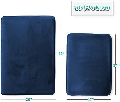 Clara Clark 2 Piece Bathroom Rugs Bath Mat Set, Velvet Memory Foam Bath Mats for Bathroom - Non-Slip, PVC Backing Bath Rugs, Washable - Dries Quickly, Blue