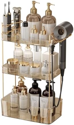 Akinbas 3 Tier Bathroom Organizer Countertop Makeup Perfume Tray Skincare Organizer Comes with Hair Dryer Rack and Toothbrush Holder for Bathroom Dresser Vanity (Gold)