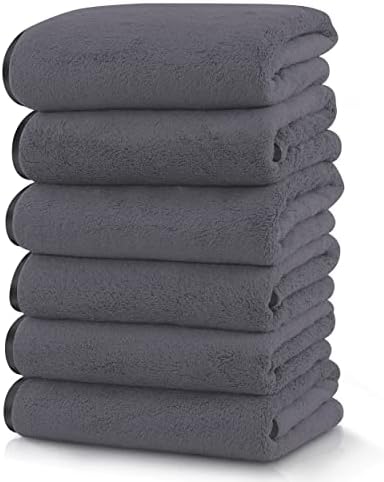 TENSTARS Silk Hemming Hand Towels for Bathroom - Quick Drying - Ultra Soft Microfiber Absorbent Towel for Bath Fitness, Gym, Shower, Hotel, and Spa - 16x28 Inch | Set of 6, Dark Grey