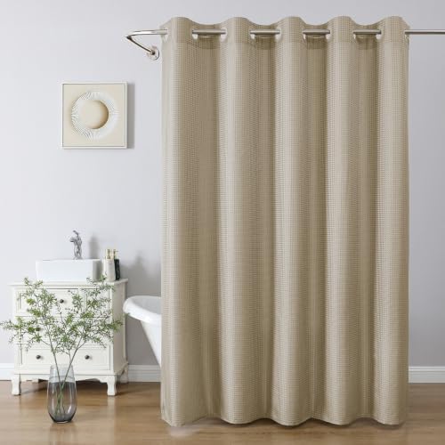 eachope No Hook Waffle Shower Curtain, No Liner Needed, 71x74 Inch, Khaki