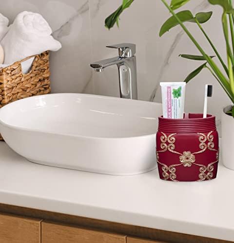 Zahari Home 4pc Elegant Rose Burgundy Bathroom Set Classic Bathroom Lotion Dispenser, Tumbler, Toothbrush Case and Bar Soap Holder Modern Uunique Design Burgundy Red Bathroom Accessories