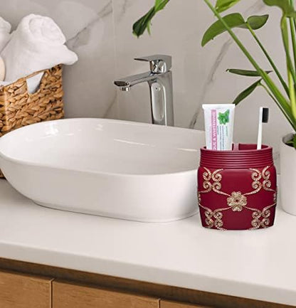 Zahari Home 4pc Elegant Rose Burgundy Bathroom Set Classic Bathroom Lotion Dispenser, Tumbler, Toothbrush Case and Bar Soap Holder Modern Uunique Design Burgundy Red Bathroom Accessories