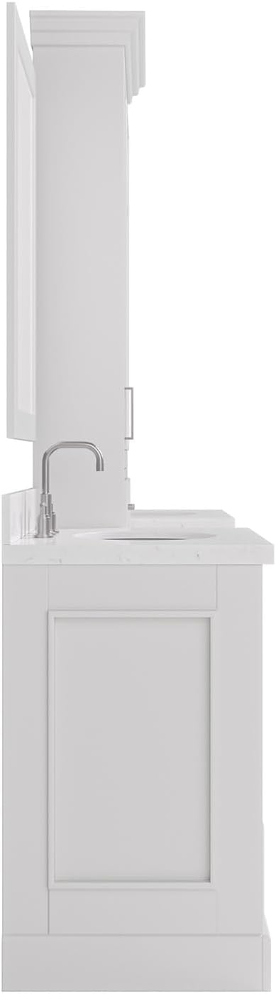 ARIEL Stafford 84-inch Bathroom Vanity with Sink,Solid Wood, 1.5-inch Carrara White Quartz Countertop & Backsplash, Double Oval Porcelain Sink, 5 Soft Closing Doors, 6 Dovetail Drawers, White