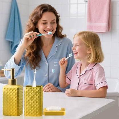 Jessie Bathroom Accessories Set, 3 or 4-Piece Ceramic Bathroom Accessory Set,Soap Dispenser,Toothbrush Holders Set,Tumbler,Soap Dish Embossed Matte Bathroom for Modern Bathrooms (Yellow 3-Piece Suit)