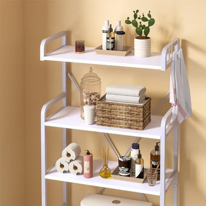 Huhote Over The Toilet Storage Rack with 3-Tier Bathroom Shelves, Space Saver Toilet Shelf, Bathroom Storage Organizer with Hooks for Over Toilet Storage and Shelf (White)