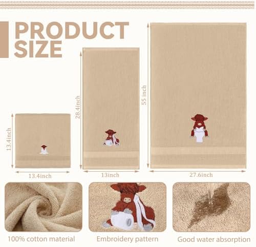 3 Pcs Highland Cow Bathroom Towel Set, Brown, 100% Cotton