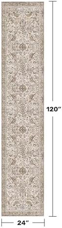 Boho 2x10 Moss Green Hallway Runner Rug 10 ft, Washable Extra Long Runner Rugs for Entrance Floor, Stain Resistant Vintage Brown Taupe Floral Design Carpet for Kitchen, Low Pile & Soft