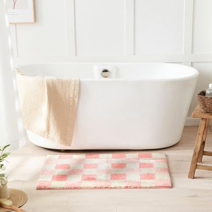 CozeCube Blossom Pink Checkered Bath Mat 24"x16" Non Slip Washable Rug
