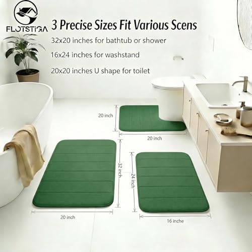 Memory Foam Bath Mat Set 3 Piece，Super Soft Absorbent Bathroom Rug Non Slip, Quick Dry,Machine Wash, Perfect Plush Bathroom Rugs,Home Decor Accessories,Dark Green