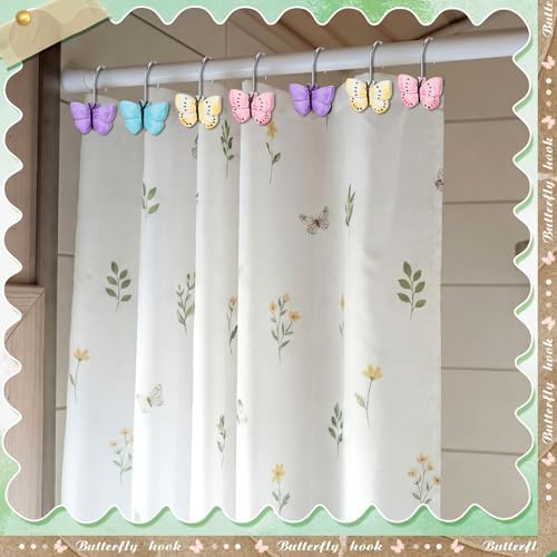 Thyle 12 Pcs Butterfly Shower Curtain Hooks Spring Colorful Resin Ornament Rings Butterfly Shower Curtain Hooks for Bathroom Bedroom Accessories