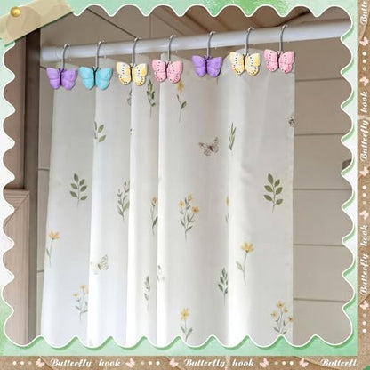 Thyle 12 Pcs Butterfly Shower Curtain Hooks Spring Colorful Resin Ornament Rings Butterfly Shower Curtain Hooks for Bathroom Bedroom Accessories
