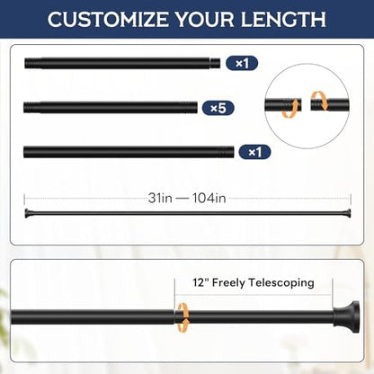 STARLATTA Adjustable Shower Curtain Rod 31-104 Inch, Never Rust Stainless Steel Black Tension Rod, 1" Heavy Duty No-Drill for Bathroom, Kitchen & Closet