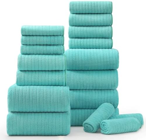 18 Piece Bath Towels Set,Ultra Soft Family Bathroom Towel Set with Hanging Loops-6 Bath Towels,6 Hand Towels,6 Washcloths,Highly Absorbent Quick Dry Shower Towel for Bathroom,Hotel,Spa-Teal Towel Set
