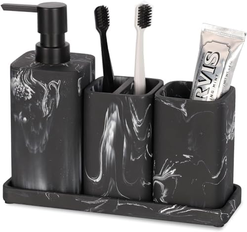 ZCCZ Bathroom Accessory Sets, 4 Pieces Bathroom Accessories Complete Set Vanity Countertop Accessory Set, Includes Lotion Dispenser Soap Pump, Tumbler, Toothbrush Holder and Tray (Black Marble Look)