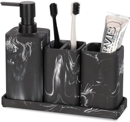 ZCCZ Bathroom Accessory Sets, 4 Pieces Bathroom Accessories Complete Set Vanity Countertop Accessory Set, Includes Lotion Dispenser Soap Pump, Tumbler, Toothbrush Holder and Tray (Black Marble Look)