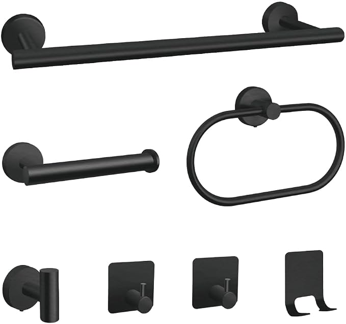 7-Piece Bathroom Accessory Set self-Adhesive Brushed Black Bathroom Hardware, Bath Towel Bar Set, Towel Racks for Bathroom, Wall Mounted Black