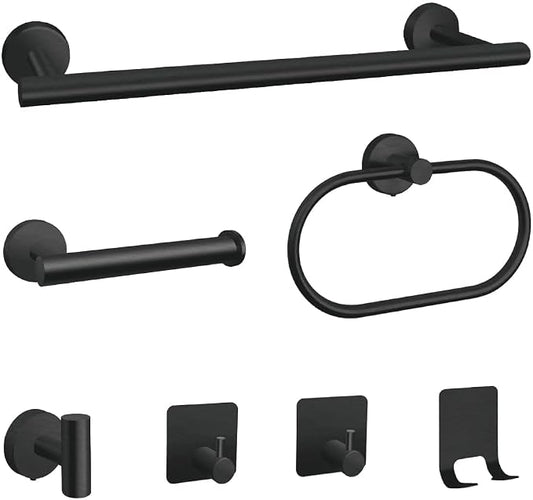 7-Piece Bathroom Accessory Set self-Adhesive Brushed Black Bathroom Hardware, Bath Towel Bar Set, Towel Racks for Bathroom, Wall Mounted Black