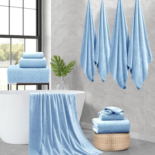 8-Piece Blue Bath Towels Set,2 Oversized Large Bath Towels Sheet,2 Hand Towels and 4 Washcloths - 600 GSM Soft Luxury Towel Set,Highly Absorbent Quick Dry Towel Collection for Bathroom,Hotel and Spa