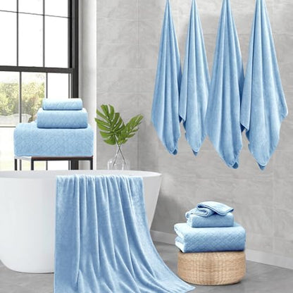 8-Piece Blue Bath Towels Set,2 Oversized Large Bath Towels Sheet,2 Hand Towels and 4 Washcloths - 600 GSM Soft Luxury Towel Set,Highly Absorbent Quick Dry Towel Collection for Bathroom,Hotel and Spa