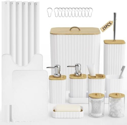 Bathroom Accessory Set - 25PC Bathroom Sets with Shower Curtain and Rugs, White Bathroom Set, Bathroom Accessories Set, Shower Curtain Sets with Rugs, Bathroom Trash Can & Soap Dispenser