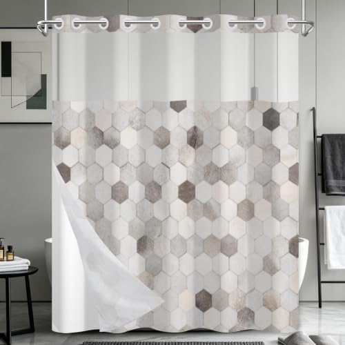 No Hook Geometric Shower Curtain with Snap in Liner 71x74 Inch
