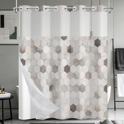 No Hook Geometric Shower Curtain with Snap in Liner 71x74 Inch