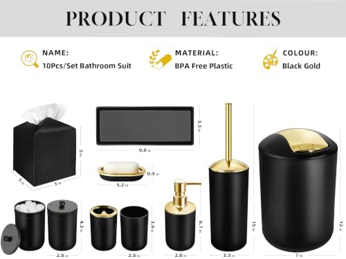 Bathroom Set, 10Pcs Bathroom Shower Curtain Sets with Hooks, Bathroom Accessories Set with Trash Can, Bathroom Accessories Sets Complete with Shower Curtain Set, Black Bathroom Accessory Set
