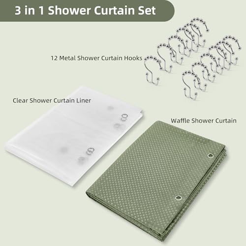 3 in 1 Shower Curtain Set, Waffle Shower Curtain and Liner Set with 12 Double Sided Shower Curtain Hooks, 72 x 84 Fabric Shower Curtains for Bathroom, Green