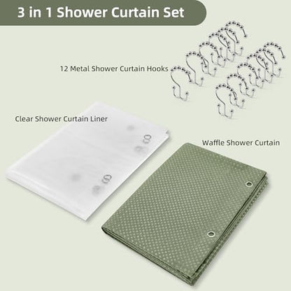 Shower Curtain and Liner Set, 3 in 1 Waffle Shower Curtain Set with 12 Double Sided Shower Curtain Hooks, Fabric Shower Curtains for Bathroom, Green, 72 x 72