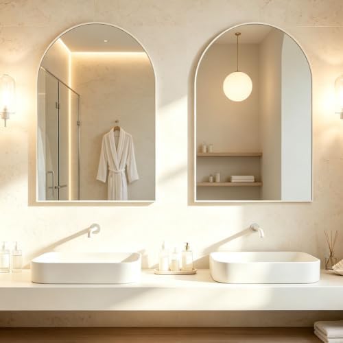 Wall Mounted Mirror, Arched Wall Mirror for Bathroom, 2 Pieces 24"x36" Arch Bathroom Mirror with Metal Frame, White Vanity Mirror Decor for Mantle, Bedroom, Entryway, Living Room