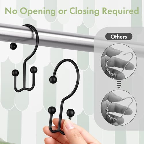 Amazer Black Shower Curtain Hooks, 12PCS Minimalist Simple Double Shower Curtain Rings, Rust-Resistant Metal Shower Hooks Shower Curtain Hangers, Shower Rings for Bathroom Shower Rods Curtains