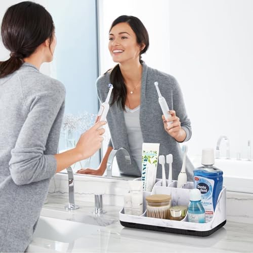 GFWARE Marble Bathroom Countertop Organizer - Detachable 7 Slots Kids Electric Toothbrush and Toothpaste Holde Drainage for Bathroom Accessories Organization Counter Vanity Storage, Black
